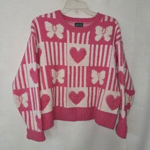 Major Label Group Sweater Womens Medium Pink Butterfly Heart Fuzzy Twee Barbie